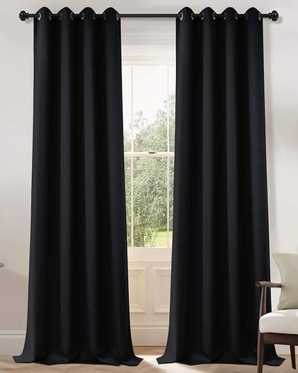 Yakamok Blackout Curtains Room Darkening Thermal Insulated Grommet top Window Curtains for Living Room, 52 x 108 Inch, Black, Set of 2