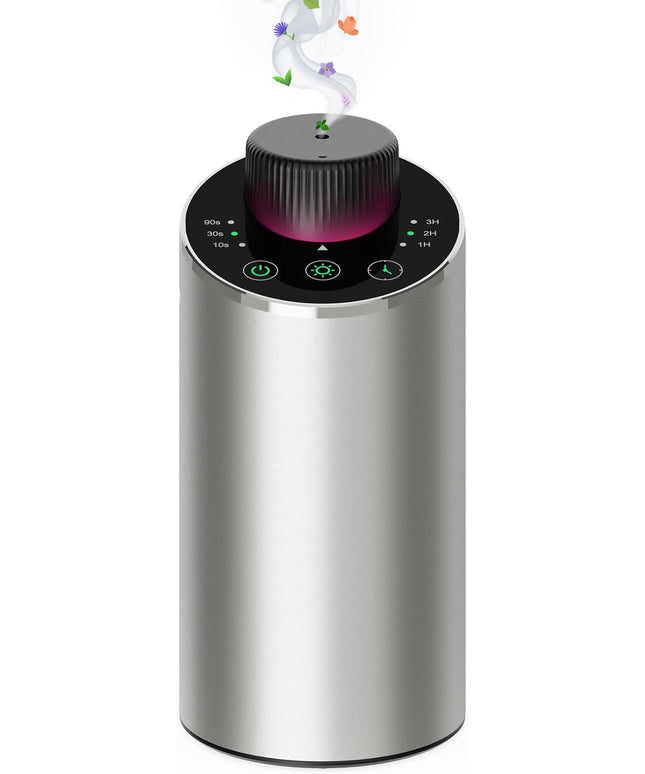Waterless Essential Oil Diffuser Scent Aromatherapy Diffusers for Home Large Room, Car, Office, Portable Battery Operated Cordless Air Freshener, 4 Timers & 3 Mist Levels, 100ml Capacity (Silver)