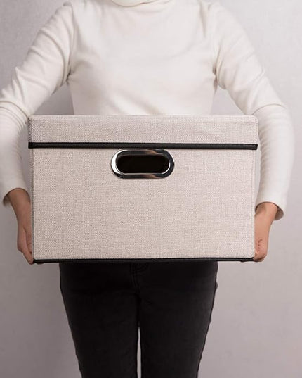 PRANDOM Foldable Storage Bin with Lid [5-Pack] Linen Fabric Decorative Storage Box Organizer Container Basket Cube with Handles Divider for Closet Office Living Room Light Grey(14.9x9.8x9.8)