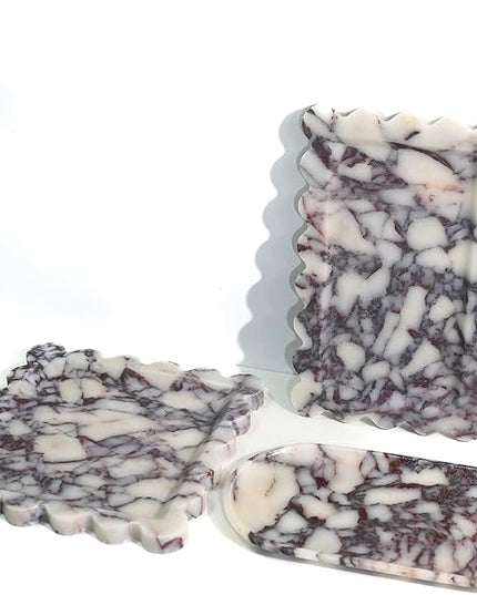 Natural 100% Marble Vanity Tray Luxury Scalloped Marble Storage Square Rectangle Tray for Home Decor Stone Tray for Bathroom Kitchen Candle Key (Rectangle-11.8 * 7.4-Calacatta Viola)