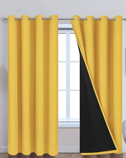 Yakamok 100% Blackout Curtains Energy Saving Thermal Insulated 2 Thick Layers Completely Blackout Drapes with Black Liner for Bedroom (52Wx84L,Mustard Yellow, Set of 2)
