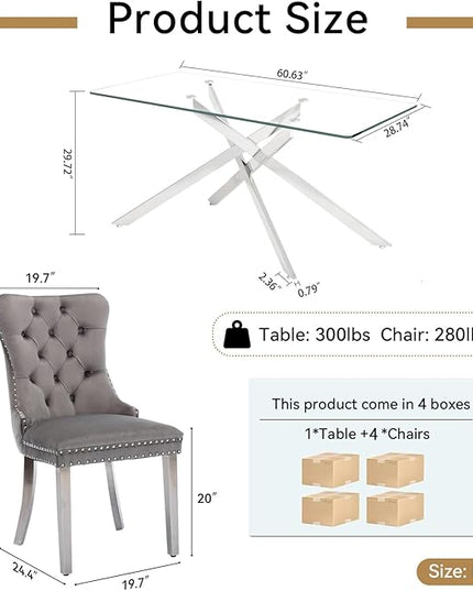 60" Glass Dining Table Set for 4, Modern Dining Room Table Set for 4, Silver X-Shape Pedestal Glass Table with 4pcs Gray Dining Chairs, 5 Piece Dining Set for Dining Living Room