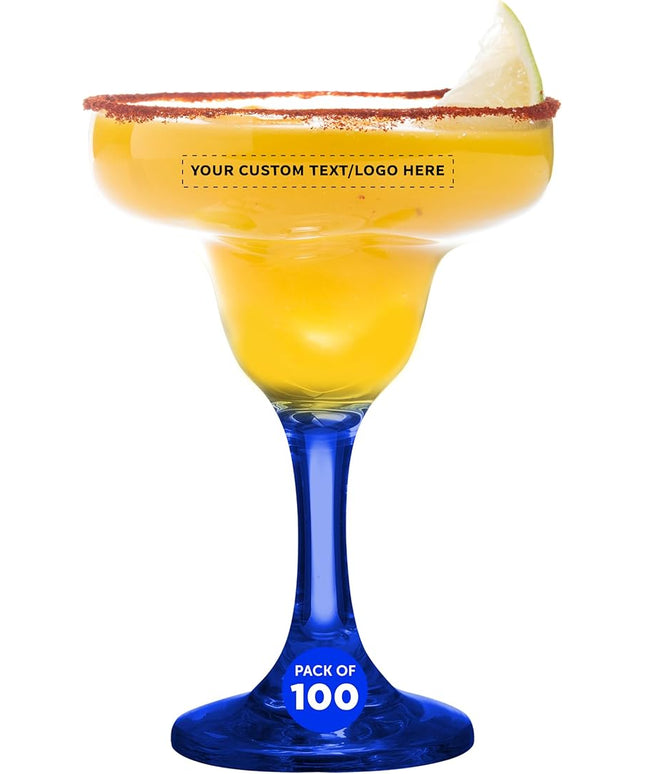 DISCOUNT PROMOS 100 Margarita Glasses Set, 9 oz. - Personalized Text, Logo - Classic, Smooth, Barware, Glassware - Blue