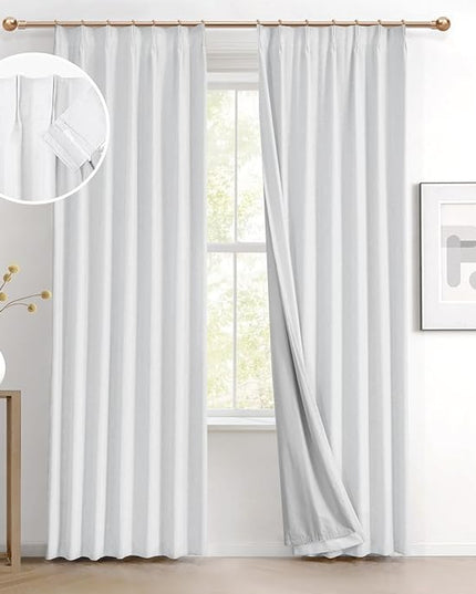 IVAPUPU Linen Pinch Pleated Blackout Curtains for Bedroom - Full Black Out White Curtains 90 Inch 2 Panels Set for Living Room Darkening Thermal Window Curtain Drapes with 16pc Hooks