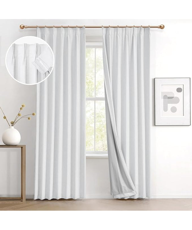 IVAPUPU Linen Pinch Pleated Full Blackout Curtains for Bedroom - Black Out White Curtains 84 Inch Long 2 Panel for Living Room Darkening Thermal 2 Pages Window Curtain Drapes with 16pc Hooks