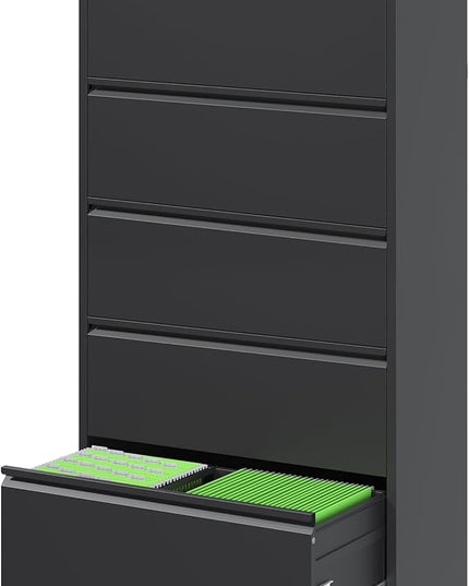 File Cabinets 5 Drawer,Metal Office Storage Filing Cabinet with Lock,Black Lateral Filing Cabinet for Home Office,Horizontal Locking File Cabinet for Legal/Letter/A4,Assembly Require,Black