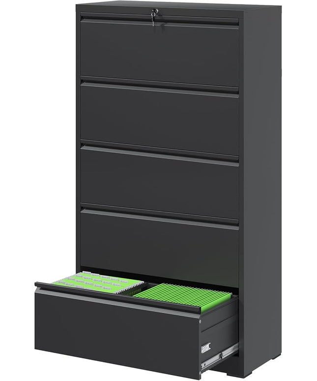 File Cabinets 5 Drawer,Metal Office Storage Filing Cabinet with Lock,Black Lateral Filing Cabinet for Home Office,Horizontal Locking File Cabinet for Legal/Letter/A4,Assembly Require,Black