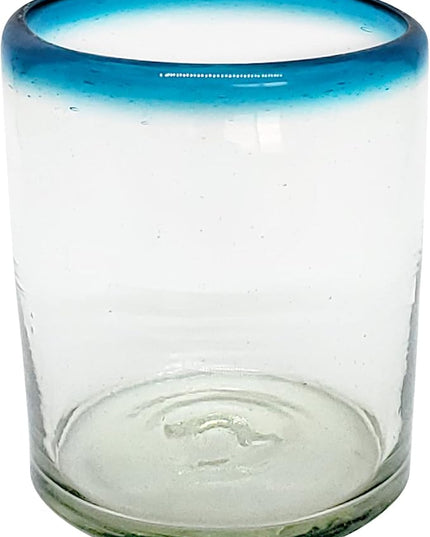 Aqua Blue Rim 10 oz Tumbler Glasses (set of 6) Mexican Handmade Glassware, Recycled Glass, Lead-free, Toxin-Free (Tumbler)