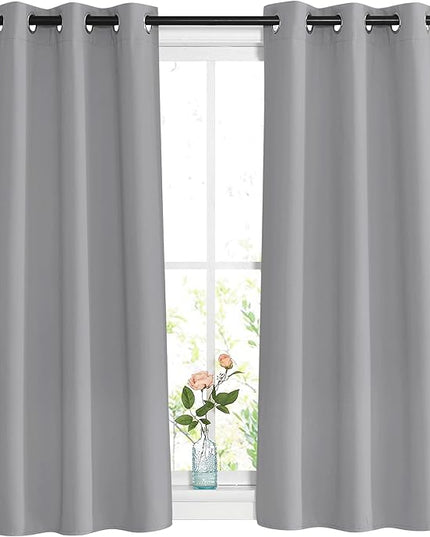NICETOWN Blackout Silver Grey Curtains 48 inch Length for Bedroom - Thermal Insulated Solid Grommet Vertical Drapes for Kitchen/Cafe (Set of 2, W37 x L48)