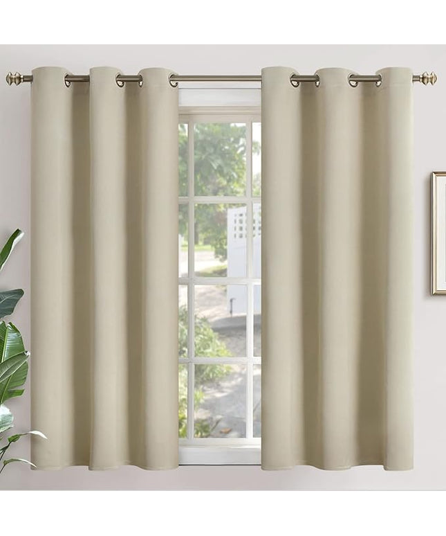 YoungsTex 48 Inch Length Beige Blackout Curtains for Short Windows - Thermal Insulated Drapes with Grommet Light Blocking for Bedroom Room Darkening Privacy, 2 Panels, 42 x 48 Inch