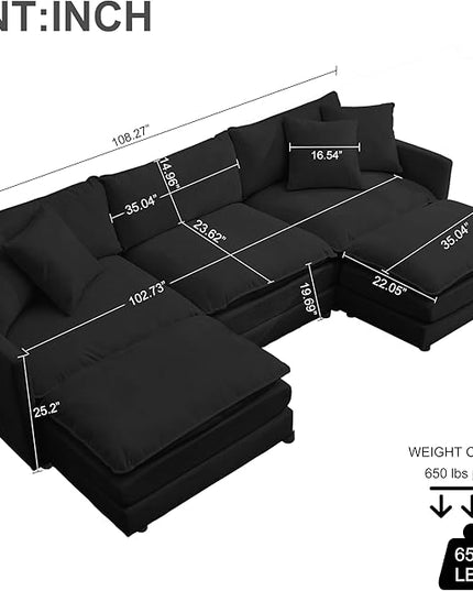 Modular Sectional Sofa,108.27'' Modern Sleeper Sofa Couch with 3 Seat & 2 Ottoman & 3 Pillows Sofa Set, Cloud Couches with Movable Ottoman Deep Seat Couch for Living Room, Chenille (Black, U Shaped)