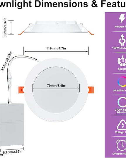 24Pack Smart Recessed Lighting 4 Inch RGBCW Color Changing 12W LED Downlight with Junction Box,1000 Lumen Recessed Ceiling Light Compatible with Alexa,Dimmable by Bluetooth Control