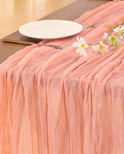 Socomi 3pcs Coral Peach Christmas Cheesecloth Table Runner Boho Rustic Gauze 120 inch 10FT Cheese Cloth Runner for Wedding Party Baby Shower Birthday Home Decor Holiday Decorations