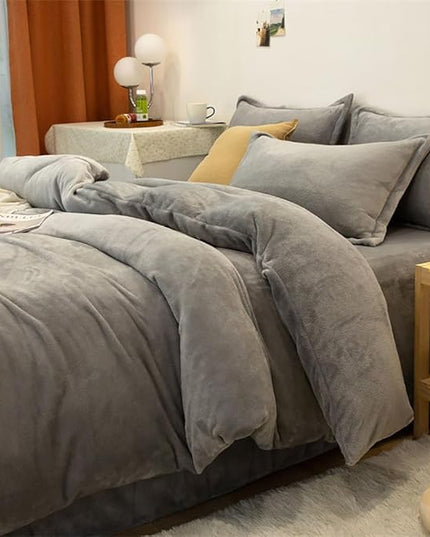 Houseri Grey Velvet Comforter Sets Full Fluffy Light Gray Bedding Sets Warm Winter Plain Grey Puffy Sherpa Bed Comforters Solid Gray Flannel Bedding Soft Teen Boys Girls Fuzzy Furry Quilt Blanket Full