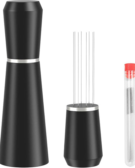 WDT Espresso Distribution Tool, 0.35mm 8 Needle Coffee Stirrer with 8 Extra Needles, 304 Stainless Steel, Aluminum Alloy Handle with Stand, Barista Espresso Whisk Tool (Metal Black)