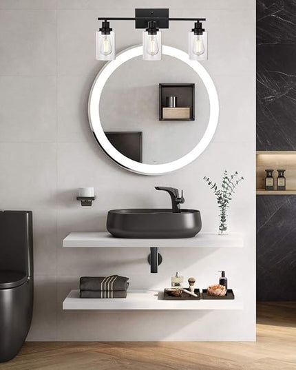 MELUCEE Bathroom Vanity Light Fixtures 24 Inches Length 3 Lights Wall Sconce Black with Clear Glass Shade for Bedroom Living Room Hallway Kitchen (Patent No.: US D963914 S)