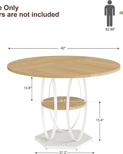 Round Dining Table for 4, 3-Tier Dinner Room Tables with Storage Shelf, Space Saving Small Kitchen Table, Farmhouse Dinner Table with Wooden Tabletop and Hexagonal Base (Wood, 42inch)