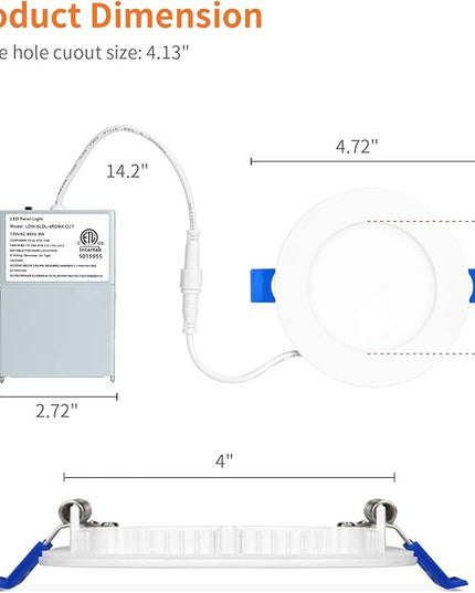 Meconard 4 Pack 4 Inch LED Recessed Ceiling Light with Junction Box, 3000K/4000K/5000K Selectable, 9W=75W 750LM, Dimmable Canless Downlights, ETL and Energy Star Listed