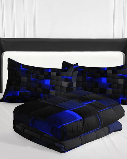 Geometric Blue Black Comforter Set,Light Honeycomb 3 Piece Bedding Set King Size for Teen Boys,Modern Quilt Set Geometry Decor,Microfiber Lightweight 1 Comforter 2 Pillowcases All Season