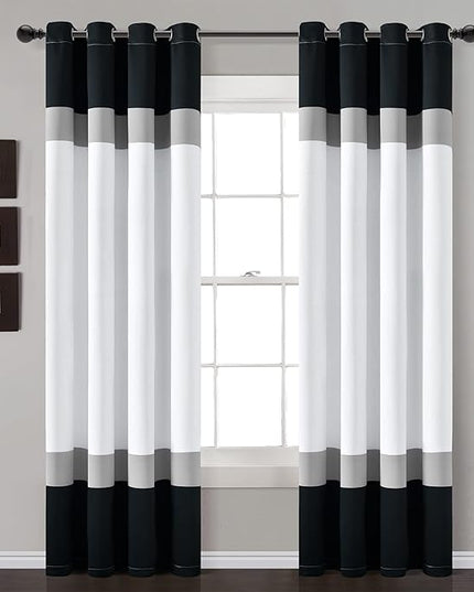 Lush Decor Alexander Color Block Light Filtering Window Curtain Panel Pair, 52"W x 84"L, Black & Gray