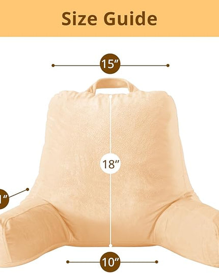 Sasttie Reading Pillow, Velvet Back Pillow for Bed Sitting Up, Adult Back-Rest Support Cushion with Arms for Sit Up on Couch, Sofa, and Floor, Dorm Essentials, Reading Accessories, Camel