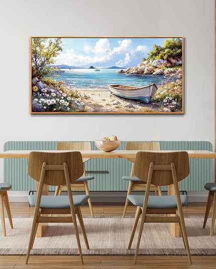 PHAOHUAXM Large Canvas Wall Decor For Living Room Wall Art For Bedroom Office Wall Decorations Print Marine Landscape Wood Framed Paintings Artwork Mural Stretched and Framed Beach Posters 24"X48"