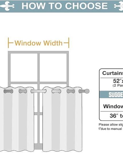 ChrisDowa Small Window Curtains for Kitchen and Bedroom - Grommet Short Thermal Insulated Room Darkening Curtains (2 Panels, Greyish White, 52 x 36 Inch)