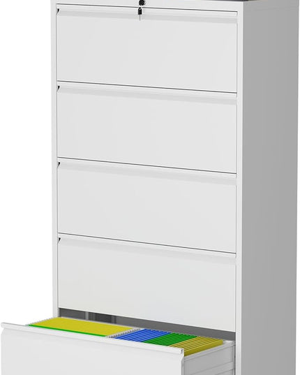 5 Drawer Lateral File Cabinet with Lock, Metal File Cabinet, Lateral File Cabinets for Home Office, Heavy Duty File Storage Cabinet for Legal/Letter/A4 Document, Assembly Required, White