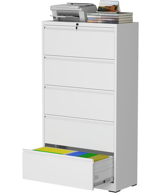 5 Drawer Lateral File Cabinet with Lock, Metal File Cabinet, Lateral File Cabinets for Home Office, Heavy Duty File Storage Cabinet for Legal/Letter/A4 Document, Assembly Required, White