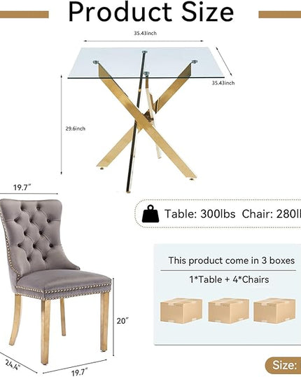 Glass Dining Table Set for 4, Square 36" Dining Table with Gold Cross Metal Leg, 4 Gray Velvet Dining Chairs with Stainless Steel Legs, Modern Glass Kitchen Table and Chairs Set for Small Space
