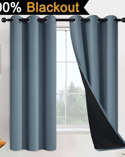 Yakamok 100% Blackout Lined Panels, Thermal Insulated Blackout Curtains for Bedroom, Heat Blocking Drapes for Living Room(42Wx63L, Stone Blue, 2 Panels)