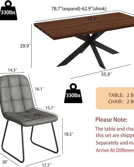 ZckyCine 63"-79" Expandable Dining Table Set for 6-8 People, Modern Rectangular Kitchen Table, Walnut Finish, Metal Frame, 6 PU Leather Cushioned Chairs, Easy Assembly