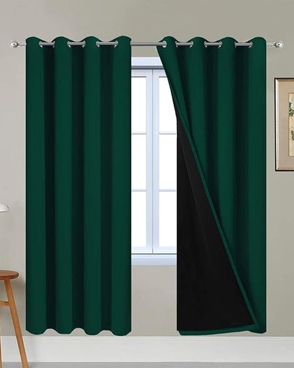 Yakamok 72 Inch Lengt 100% Blackout Thermal Insulated Curtains, Noise Reduction Black Lined Blackout Drapes with Grommet Top Curtains for Bedroom(52Wx72L,Dark Green, 2 Panels)