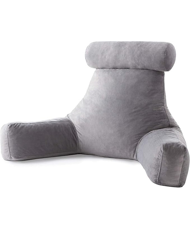 LINENSPA Reading Pillow with Shredded Memory Foam- Back Pillow for Sitting in Bed, Reading, Gaming, Watching TV – Chair Pillow with Arms, Dorm Room Essentials, Stone