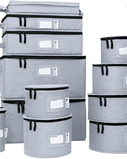 Hard Shell China Storage Containers 12-Piece Set Moving Boxes for Dinnerware, Glasses, Plates, Mugs and Saucers Sturdy Dish Organizer with Dividers for Seasonal Storage - Service for 12 - Grey