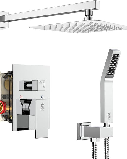 SR SUN RISE SRSH-F5043 Bathroom Luxury Rain Mixer Combo Set Wall Mounted Rainfall Shower Head System Polished Chrome, (Contain Faucet Rough-in Valve Body and Trim)
