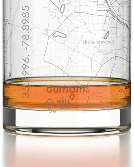 Well Told Engraved Durham North Carolina Map Rocks Glass, Old Fashioned Glassware (11 oz, Clear) Etched Bourbon Tumbler, Gifts For Whiskey Lovers