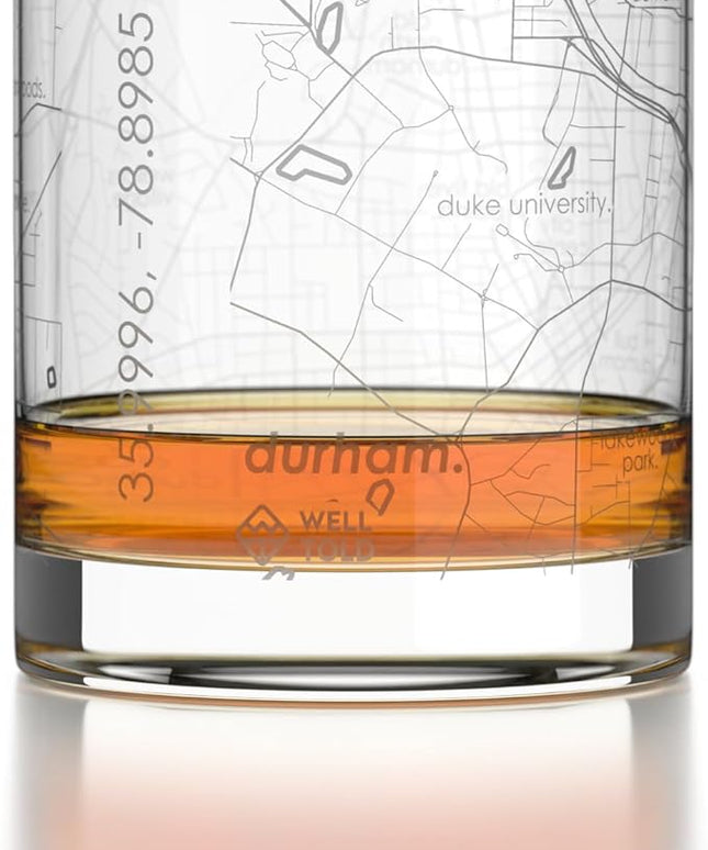 Well Told Engraved Durham North Carolina Map Rocks Glass, Old Fashioned Glassware (11 oz, Clear) Etched Bourbon Tumbler, Gifts For Whiskey Lovers