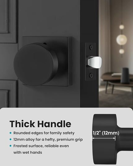 Black Door Knobs Interior, Heavy Duty Interior Door Knob, Square Bathroom/Bedroom Door Knob with Lock, Zinc Alloy Matte Black Indoor DoorKnob (1 Pack)