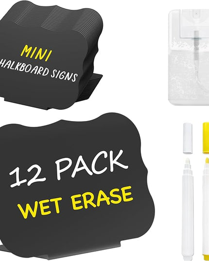 PigPotParty 12 Pcs Food Labels for Party Buffet w/Cleaning Spray, 4"x3" Mini Chalkboard Signs Include 2 Liquid Chalk Markers for Food Display - Food Tags- Table Palce Card (Waved Shape)