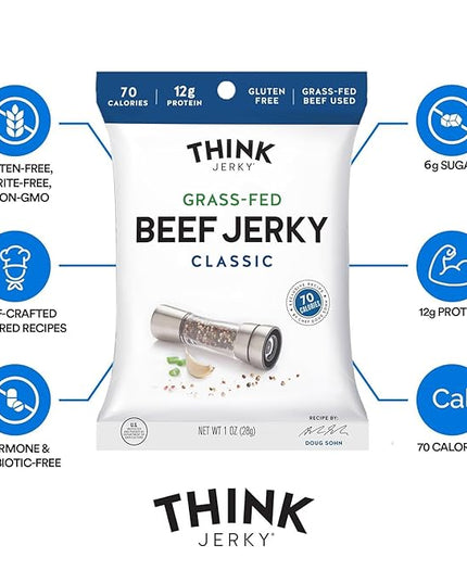 Think Jerky Classic Beef Jerky, Grass-Fed High Protein Beef, Gluten Free, No Antibiotics or Nitrates, Healthy Chef Crafted Recipe, Low Calorie and Low Fat - 1.0 oz Bags, 8 Pack