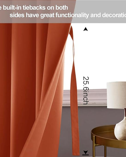 JIUZHEN Caramel Blackout Curtains with Tiebacks Thermal Insulated, Light Blocking and Noise Reducing Grommet Curtains for Bedroom and Living Room, Set of 2 Window Curtain Panels, 70 x 96 Inch Length