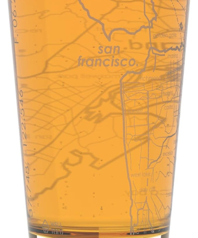 Well Told Engraved San Francisco California Map Pint Glass, Etched Beer Gift (16 oz, Clear) City Map Pint, Custom City Glassware, Gifts For Beer Lovers