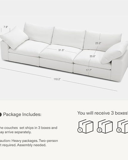 110.2" Cloud Couch Oversized Modular Sectional Sofa, 3 Seater Modern Sofa True Relax Comfy, Wide & Deep Seat Couches with Metal Frame, Furniture Sets for Living Room, White