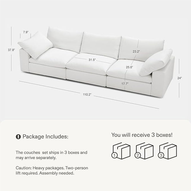 110.2" Cloud Couch Oversized Modular Sectional Sofa, 3 Seater Modern Sofa True Relax Comfy, Wide & Deep Seat Couches with Metal Frame, Furniture Sets for Living Room, White