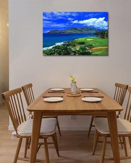 chenchenArt Lagoons Golf Course Wall Art for Living Room Bedroom Bathroom Home Decoration Hawaii Ocean Golf Course Picture Poster Canvas Prints Modern Artwork Framed Ready to Hang(24''H x 36''W)