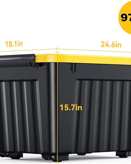 Nazhura 97 Quart Plastic Storage Bin, Stackable and Nestable Storage Boxes with Yellow Lids and Secure Latching Buckles, Large Storage Container (Black/Yellow, 97Quart-6Pack)