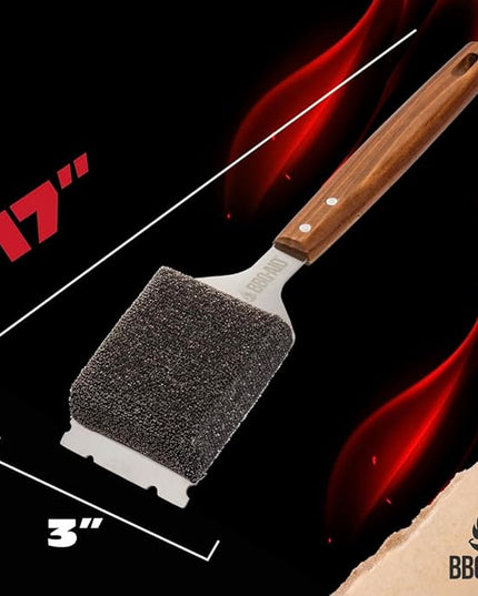 BBQ-AID Bristle Free Grill Brush and Scraper for Barbecue - Extended Large Wooden Handle with Replaceable Head - No Scratch BBQ Cleaning Accessories for Outdoor Grills