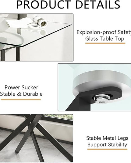 51" Rectangular Glass Dining Table Modern Kitchen Glass Top Table for 4 with Black Metal Legs, Clear Dining Table Kitchen Table for Home Office Dining Room
