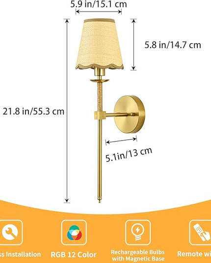 Boho Battery Operated Wall Sconce Set of 2, Gold Wireless Rechargeable Wall Lights with Rattan Shade, 12 RGB and 3CCT Dimmable Cordless Wall Lamps with Remote for Bedroom Living Room